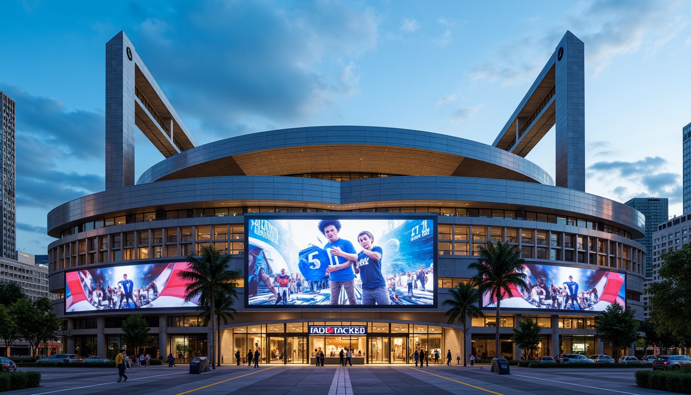 Prompt: Sleek stadium fa\u00e7ade, curved lines, aerodynamic shapes, metallic materials, reflective surfaces, modernist architecture, grand entrance gates, electronic scoreboards, vibrant LED lighting, dynamic shading systems, cantilevered roofs, open-air concourses, urban cityscape backdrop, clear blue sky, dramatic cloud formations, low-angle sunlight, high-contrast shadows, 1/2 composition, symmetrical framing, cinematic camera angles, realistic reflections, ambient occlusion.