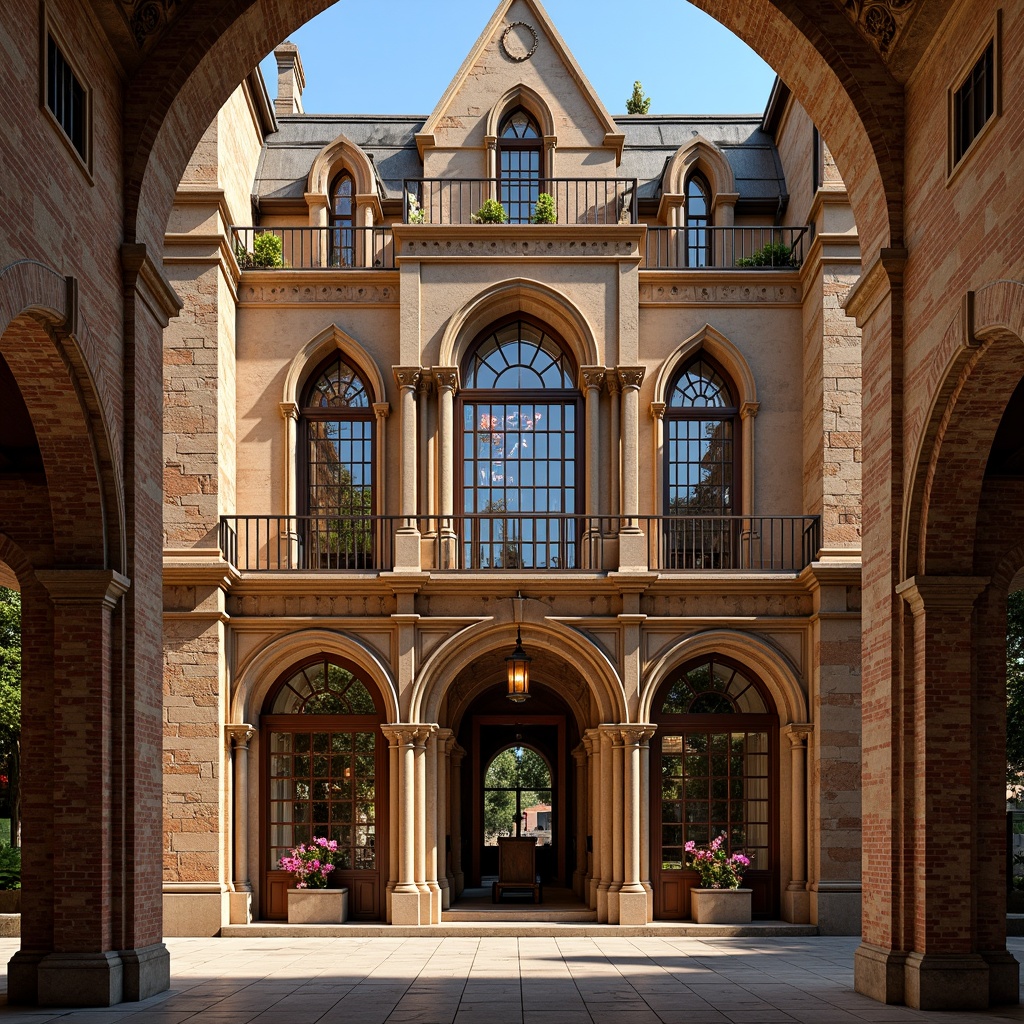 Prompt: Ornate Romanesque building, grand stone fa\u00e7ade, intricately carved arches, vibrant stained glass windows, ornamental columns, rustic brick walls, medieval-inspired design, pointed arches, ribbed vaults, clerestory windows, warm golden lighting, soft diffused shadows, 1/2 composition, symmetrical framing, realistic textures, ambient occlusion.