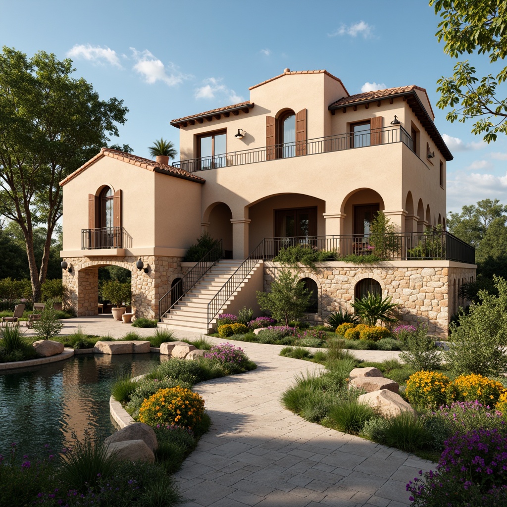 Prompt: Serene villa exterior, warm beige walls, rustic stone accents, lush greenery, vibrant flowers, tranquil water features, soft natural lighting, earthy tone roofs, wooden shutters, elegant archways, ornate ironwork, Mediterranean-inspired architecture, warm sunny day, shallow depth of field, 3/4 composition, panoramic view, realistic textures, ambient occlusion.