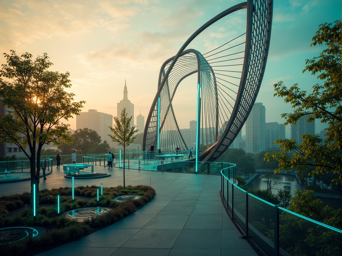 Prompt: Vibrant fusion architecture, curved bridge structures, steel cables, suspension systems, modern urban landscape, city skyline, misty morning atmosphere, warm golden lighting, soft focus effect, 1/2 composition, low-angle shot, rich textures, ambient occlusion, iridescent blue-green color scheme, neon accents, metallic sheen, glass railings, LED light installations, futuristic ambiance.