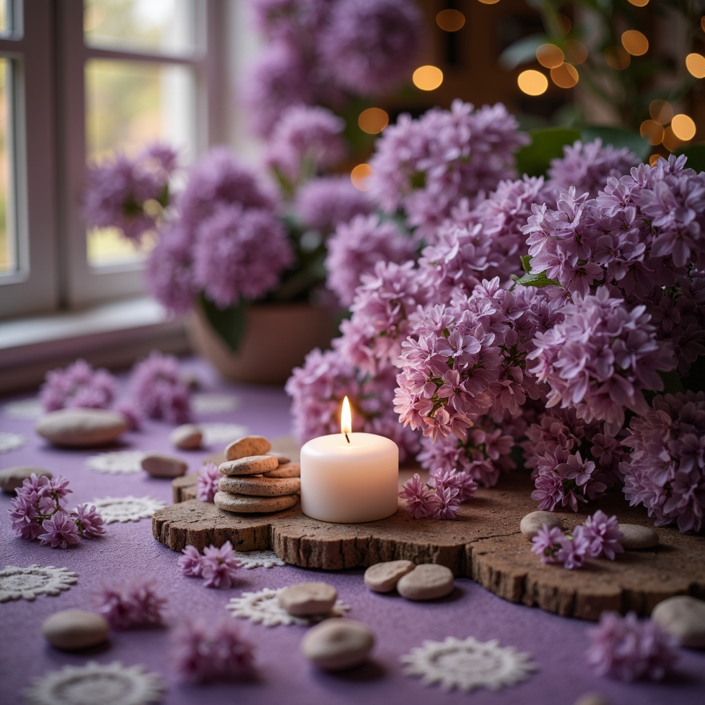 Prompt: Vibrant heliotrope tones, rich berry hues, soft lavender shades, warm beige accents, creamy whites, subtle golden undertones, natural stone textures, organic earthy materials, whimsical floral patterns, delicate lace details, romantic candlelit ambiance, soft focus, shallow depth of field, 1/1 composition, intimate close-up shots, realistic fabric simulations.