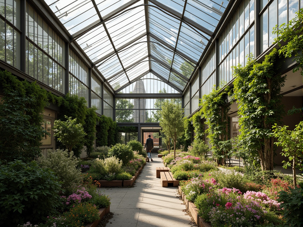 Prompt: Elegant greenhouse, lush greenery, abundant natural light, clerestory windows, skylights, transparent roof panels, steel frames, minimalist architecture, modern academic style, vibrant flowers, educational signs, wooden benches, stone pathways, warm atmosphere, soft diffused lighting, shallow depth of field, 1/1 composition, realistic textures, ambient occlusion.