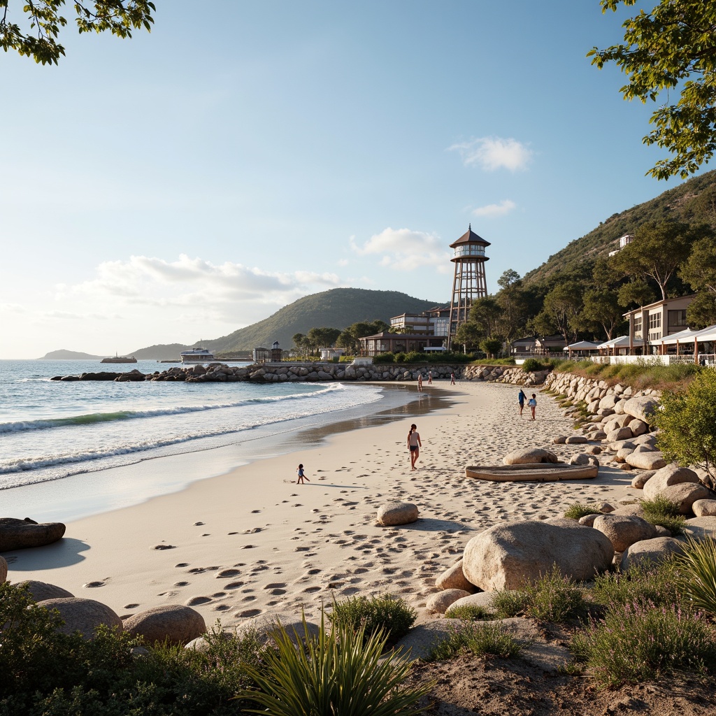 Prompt: Sandy beach, rocky shores, ocean waves, sea spray, driftwood, nautical ropes, weathered piers, coastal vegetation, salt-tolerant plants, beachside promenade, seaside restaurants, surf shacks, lifeguard towers, sailboats, yachts, seagulls, sunny day, soft warm lighting, shallow depth of field, 3/4 composition, panoramic view, realistic textures, ambient occlusion, harmonious color palette, natural material integration, sustainable design principles, eco-friendly infrastructure, resilient construction methods.