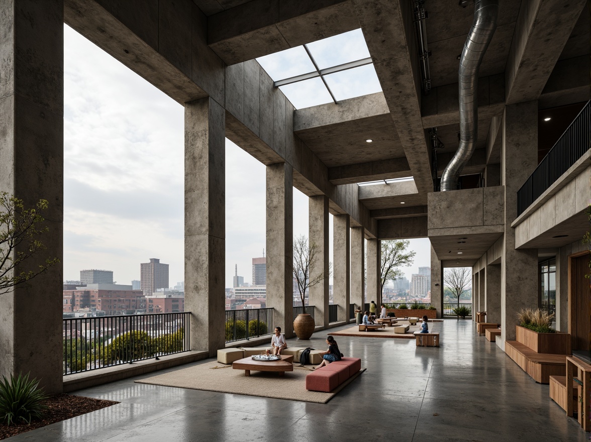 Prompt: Rugged community center, brutalist architecture, raw concrete walls, exposed ductwork, industrial metal beams, natural light pouring in, large skylights, clerestory windows, urban landscape views, gritty cityscape, overcast sky, soft diffused lighting, high contrast shadows, dramatic architectural angles, bold structural elements, minimalist interior design, functional simplicity, communal gathering spaces, reclaimed wood accents, earthy color palette, organic textures, 3/4 composition, cinematic framing, realistic render.