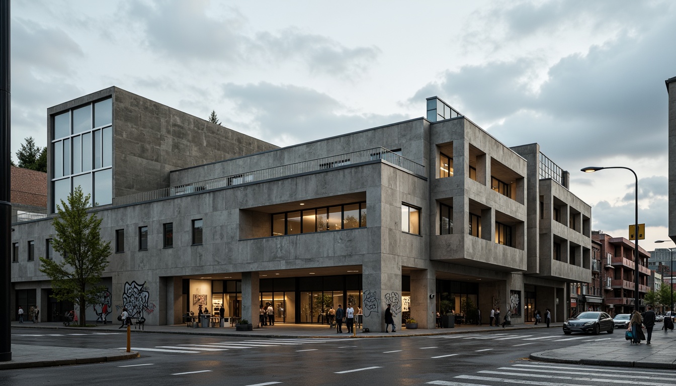 Prompt: Rugged community center, brutalist architecture, raw concrete walls, fortress-like structure, angular lines, geometric shapes, industrial materials, metal beams, exposed ductwork, urban landscape, city streets, graffiti art, street lamps, cloudy sky, dramatic lighting, high contrast, 1/1 composition, symmetrical framing, gritty textures, ambient occlusion.