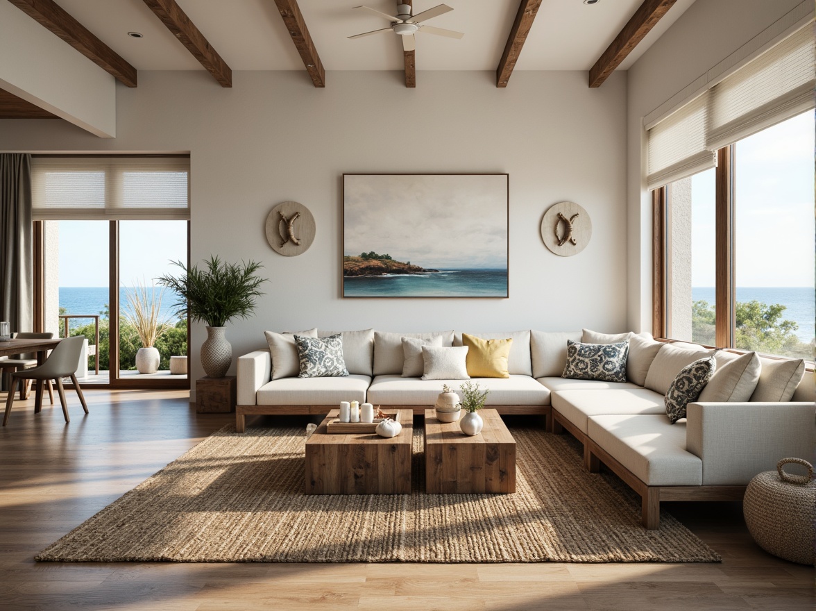 Prompt: Coastal living room, ocean-inspired color palette, driftwood accents, natural textiles, woven sea grass rugs, shell-adorned decorative pieces, floor-to-ceiling windows, sliding glass doors, beachy vibe, soft warm lighting, 1/1 composition, shallow depth of field, realistic wood textures, ambient occlusion, modern minimalist furniture, plush sectional sofas, reclaimed wood coffee tables, nautical-themed artwork, coral-patterned throw pillows, sea salt-scented candles, calming atmosphere.