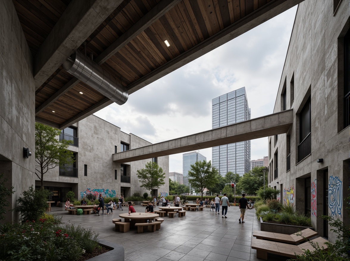 Prompt: Rugged community center, brutalist architecture, raw concrete walls, exposed ductwork, industrial metal beams, natural light pouring in, large skylights, clerestory windows, urban landscape views, gritty cityscape, overcast sky, soft diffused lighting, high contrast shadows, dramatic architectural forms, bold geometric shapes, functional minimalism, communal gathering spaces, reclaimed wood accents, weathered steel features, abstract graffiti art, moody atmospheric tones, cinematic composition, realistic textures, ambient occlusion.