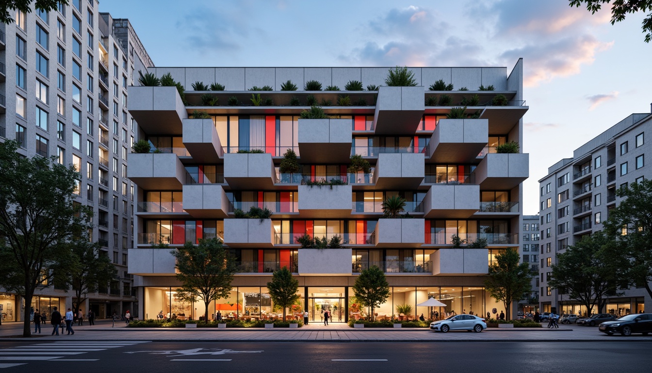 Prompt: Geometric hotel facade, asymmetrical composition, rectangular forms, industrial materials, raw concrete walls, steel beams, minimalist decor, functional simplicity, bold color accents, abstract patterns, grid-like structures, cantilevered balconies, floor-to-ceiling windows, transparent glass railings, urban cityscape, busy streets, modern metropolitan atmosphere, warm evening lighting, shallow depth of field, 2/3 composition, realistic textures, ambient occlusion.