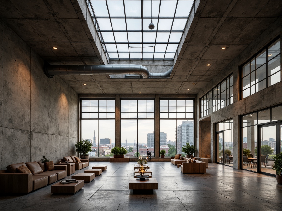 Prompt: Rugged community center, brutalist architecture, raw concrete walls, exposed ductwork, industrial metal beams, natural light pouring in, large skylights, clerestory windows, urban landscape views, gritty cityscape, overcast sky, soft diffused lighting, high contrast shadows, dramatic architectural angles, bold structural elements, minimalist interior design, functional simplicity, communal gathering spaces, reclaimed wood accents, earthy color palette, organic textures, 3/4 composition, cinematic framing, realistic render.