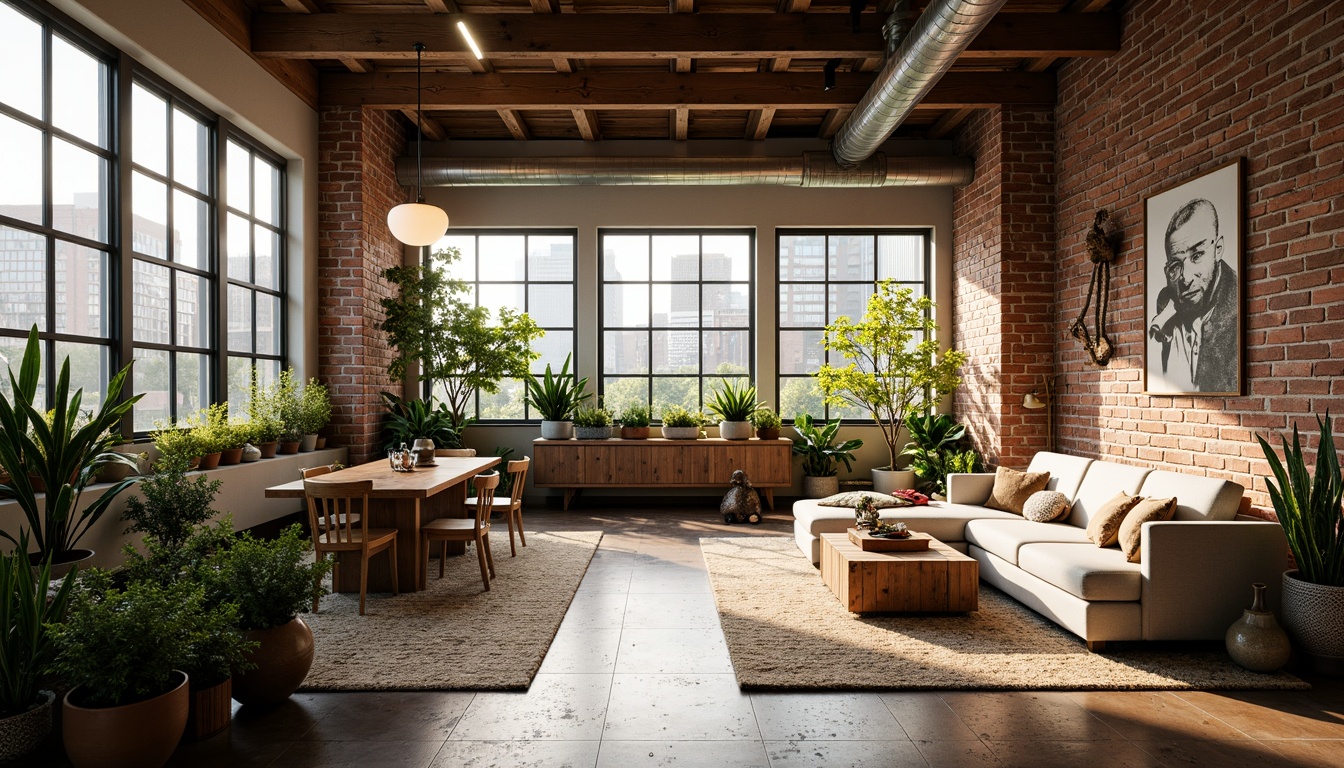 Prompt: Exposed brick walls, reclaimed wood accents, industrial metal beams, vintage decorative items, lush greenery, potted plants, natural textiles, earthy color palette, soft warm lighting, cozy atmosphere, eco-friendly materials, solar panels, rainwater harvesting systems, living roofs, green walls, minimalist decor, open-plan layout, high ceilings, large windows, cityscape views, urban landscape, morning sunlight, shallow depth of field, 3/4 composition, realistic textures, ambient occlusion.