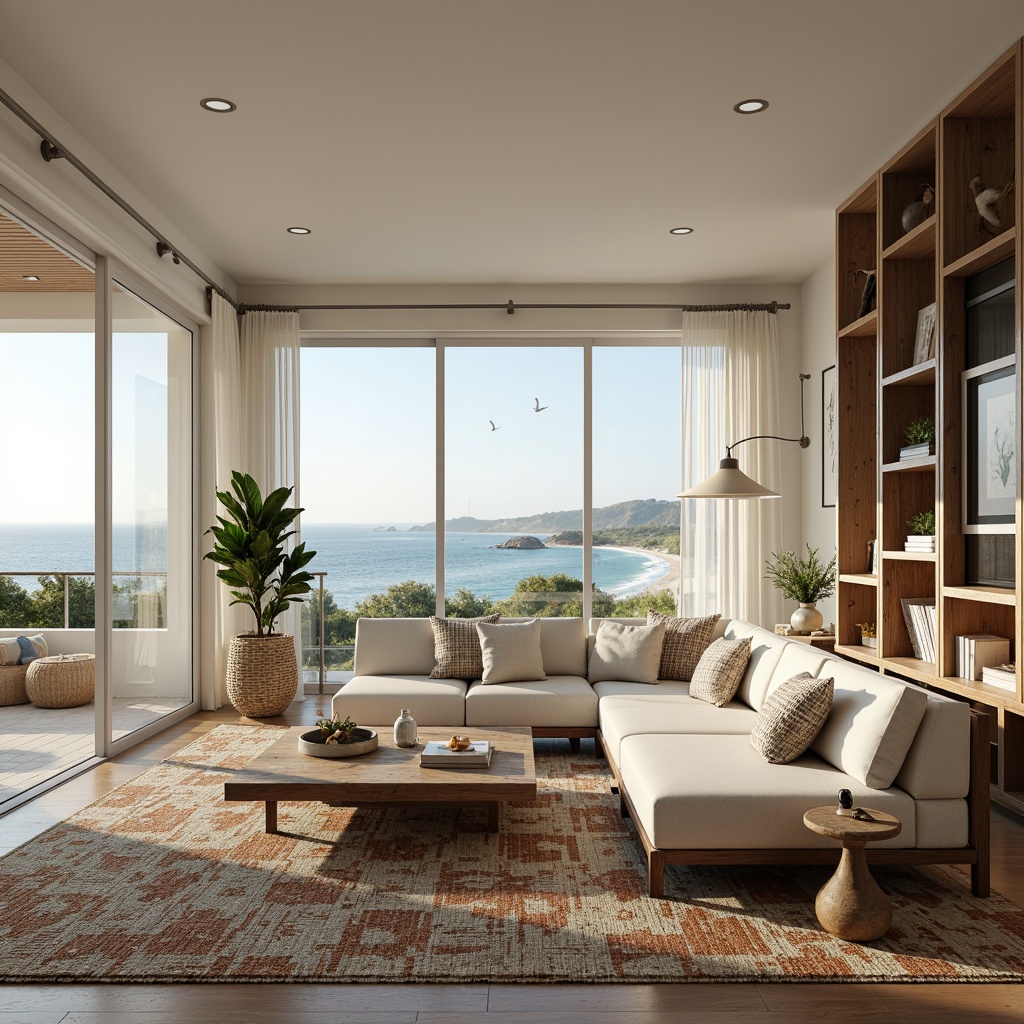 Prompt: Coastal living room, ocean-inspired color palette, driftwood accents, natural textiles, woven sea grass furniture, coral-patterned rugs, shell-adorned decorative walls, floor-to-ceiling windows, sliding glass doors, panoramic ocean views, soft warm lighting, beachy ambiance, minimalist decor, nautical-themed accessories, distressed wood flooring, plush sectional sofas, built-in shelving units, tropical plants, calming atmosphere, 1/1 composition, realistic reflections, ambient occlusion.