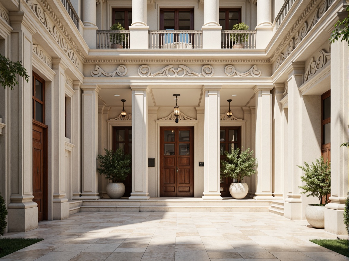 Prompt: Elegant classical buildings, ornate columns, carved stone facades, grand entranceways, symmetrical compositions, neutral color palette, creamy whites, soft grays, warm beiges, rich wood tones, polished marble floors, intricate moldings, decorative cornices, ornamental balustrades, subtle texture variations, natural light illumination, soft shadows, 1/1 composition, realistic renderings, ambient occlusion.