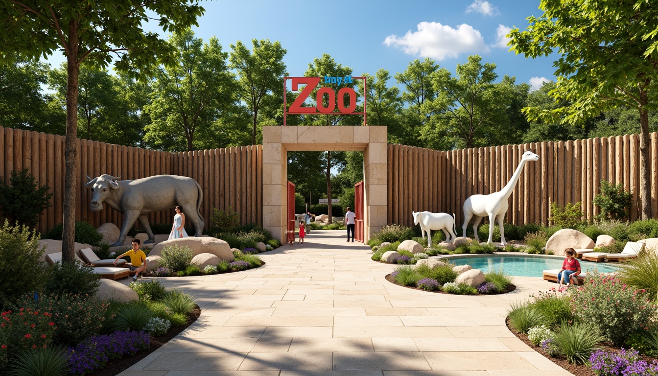 Prompt: Vibrant zoo entrance, playful animal sculptures, lush greenery, exotic flowers, natural stone walls, wooden fencing, rustic gates, earthy tones, sandy pathways, sunny day, warm soft lighting, shallow depth of field, 3/4 composition, panoramic view, realistic textures, ambient occlusion, bold color accents, bright coral reefs, turquoise pools, creamy white marble, weathered wood, distressed metal, whimsical signage, educational exhibits, interactive displays.