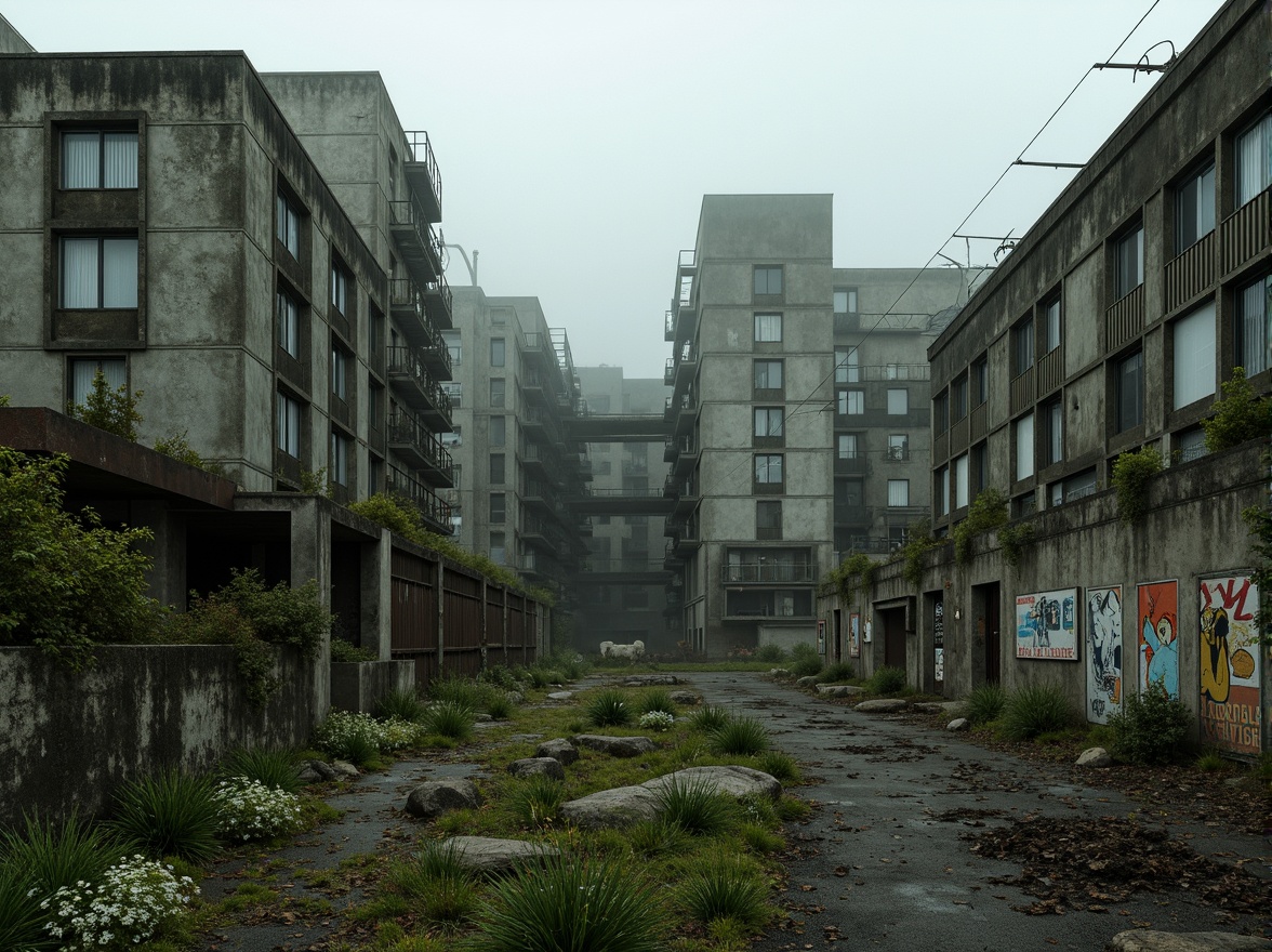 Prompt: Rugged brutalist architecture, raw concrete textures, fortress-like structures, overgrown vegetation, wildflowers, moss-covered walls, industrial landscapes, abandoned factories, rusty machinery, distressed metal accents, urban decay, gritty atmosphere, dramatic lighting, high contrast shadows, cinematic composition, atmospheric fog, misty mornings, eerie silence, desolate surroundings, fragmented rocks, weathered wood, reclaimed materials, post-apocalyptic ambiance.