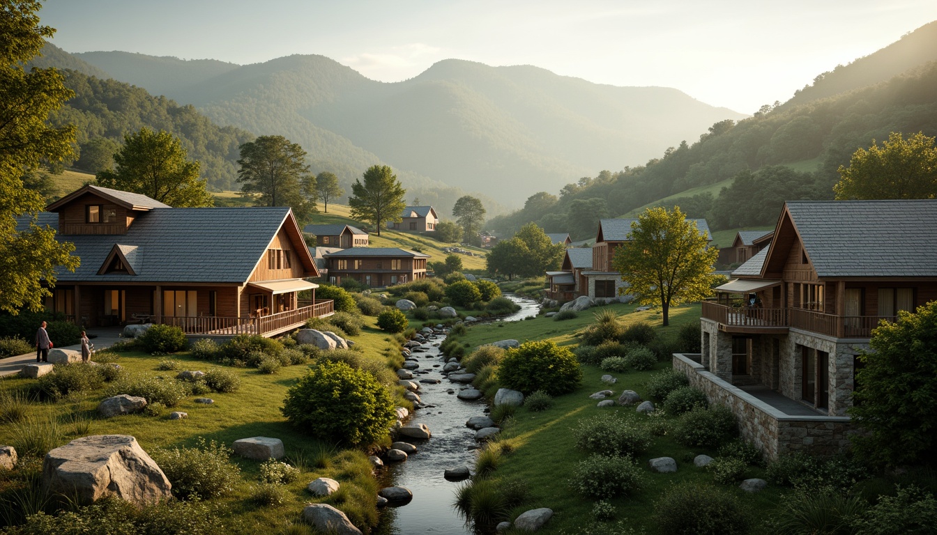 Prompt: Rustic village, rolling hills, lush greenery, meandering streams, traditional vernacular architecture, earthy tones, natural stone walls, wooden accents, curved lines, organic forms, blending with surroundings, seamless integration, harmonious coexistence, soft warm lighting, misty atmosphere, shallow depth of field, 1/1 composition, realistic textures, ambient occlusion.