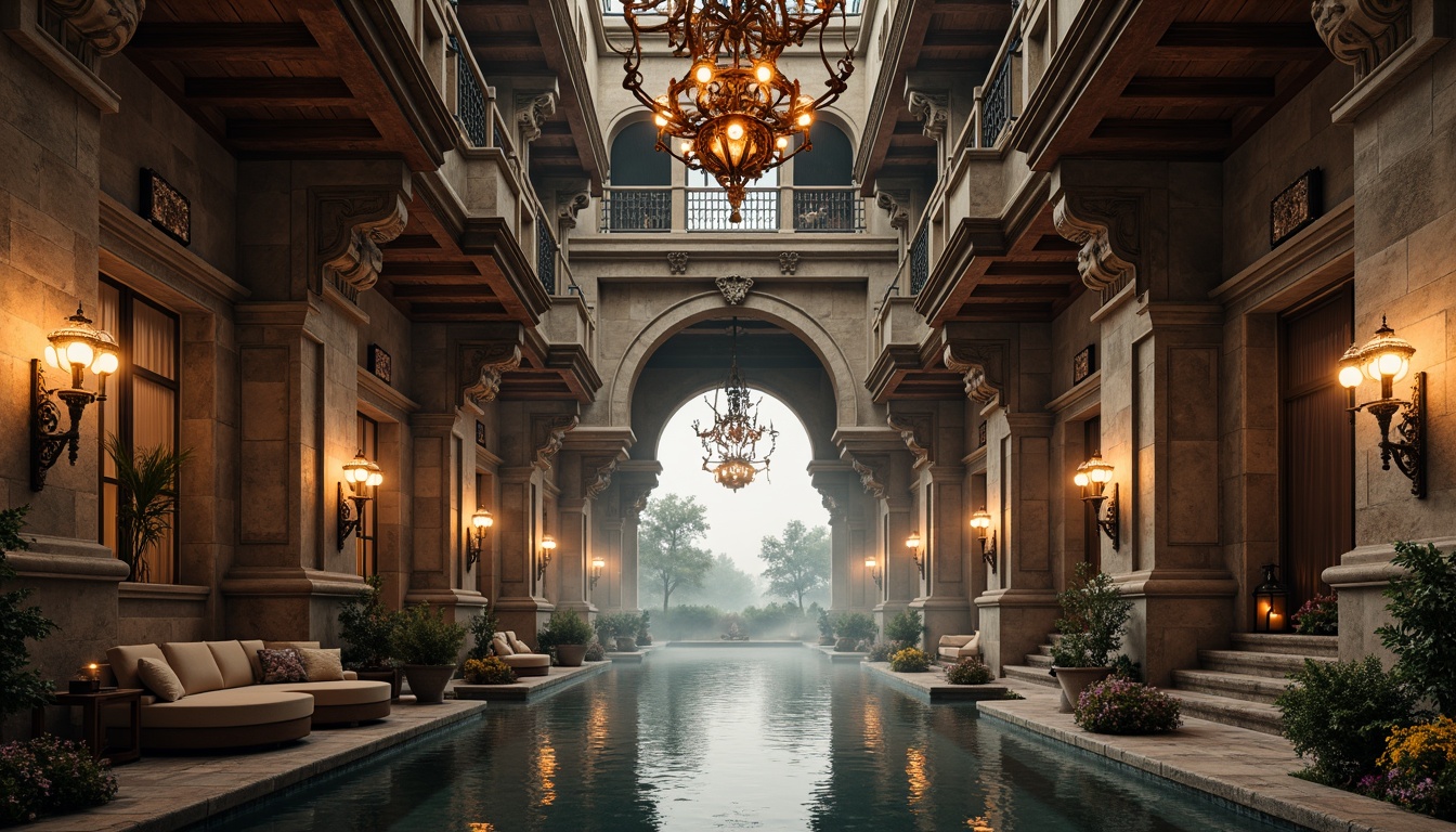 Prompt: Intricate stone carvings, ornate metal railings, grandiose arches, majestic columns, rustic stonework, weathered copper accents, lavish lanterns, dramatic water reflections, misty morning atmosphere, soft warm lighting, shallow depth of field, 1/2 composition, symmetrical framing, realistic textures, ambient occlusion.