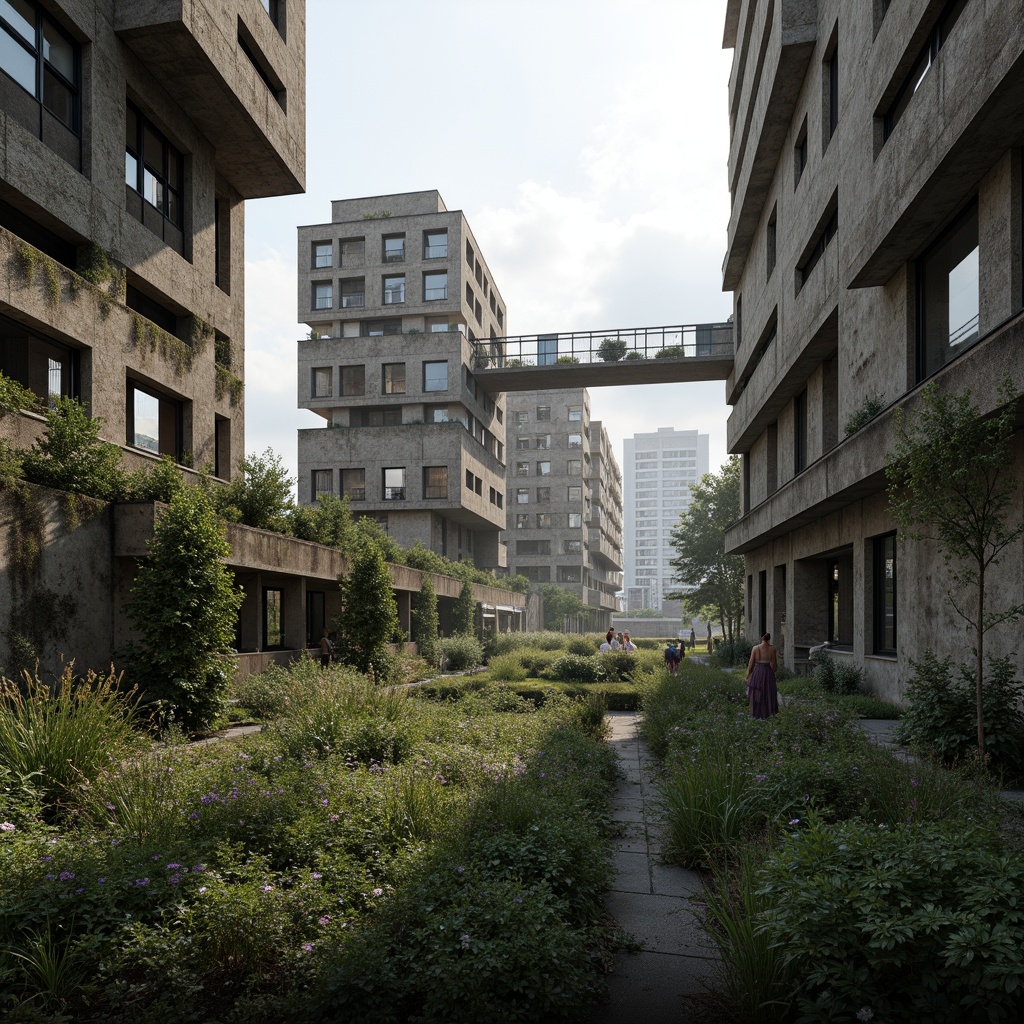 Prompt: Rugged brutalist buildings, raw concrete textures, fortress-like structures, overgrown vegetation, wildflowers, moss-covered walls, weathered steel beams, industrial materials, urban landscape integration, cityscape views, elevated walkways, cantilevered sections, dramatic shadows, harsh natural light, 1/1 composition, symmetrical framing, high-contrast lighting, gritty realistic textures, ambient occlusion.