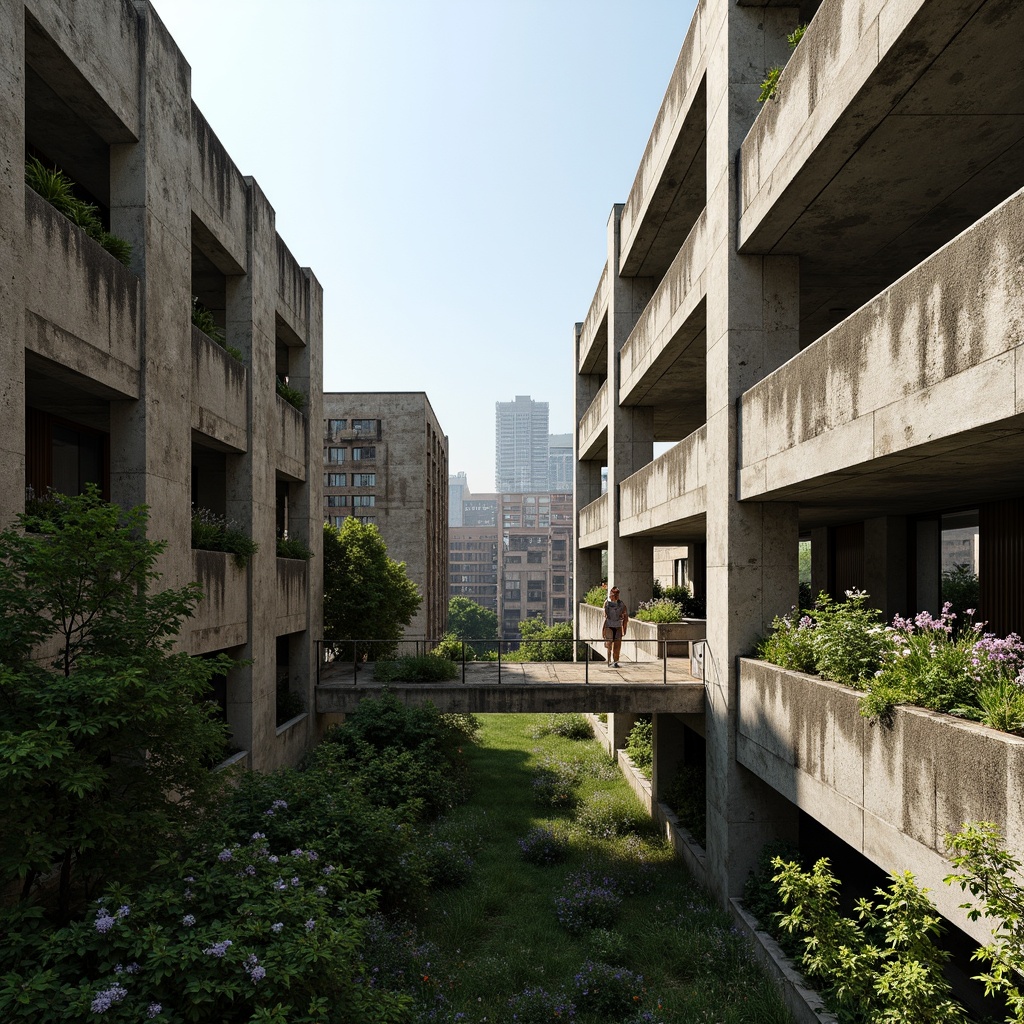 Prompt: Rugged brutalist buildings, raw concrete textures, fortress-like structures, overgrown vegetation, wildflowers, moss-covered walls, weathered steel beams, industrial materials, urban landscape integration, cityscape views, elevated walkways, cantilevered sections, dramatic shadows, harsh natural light, 1/1 composition, symmetrical framing, high-contrast lighting, gritty realistic textures, ambient occlusion.