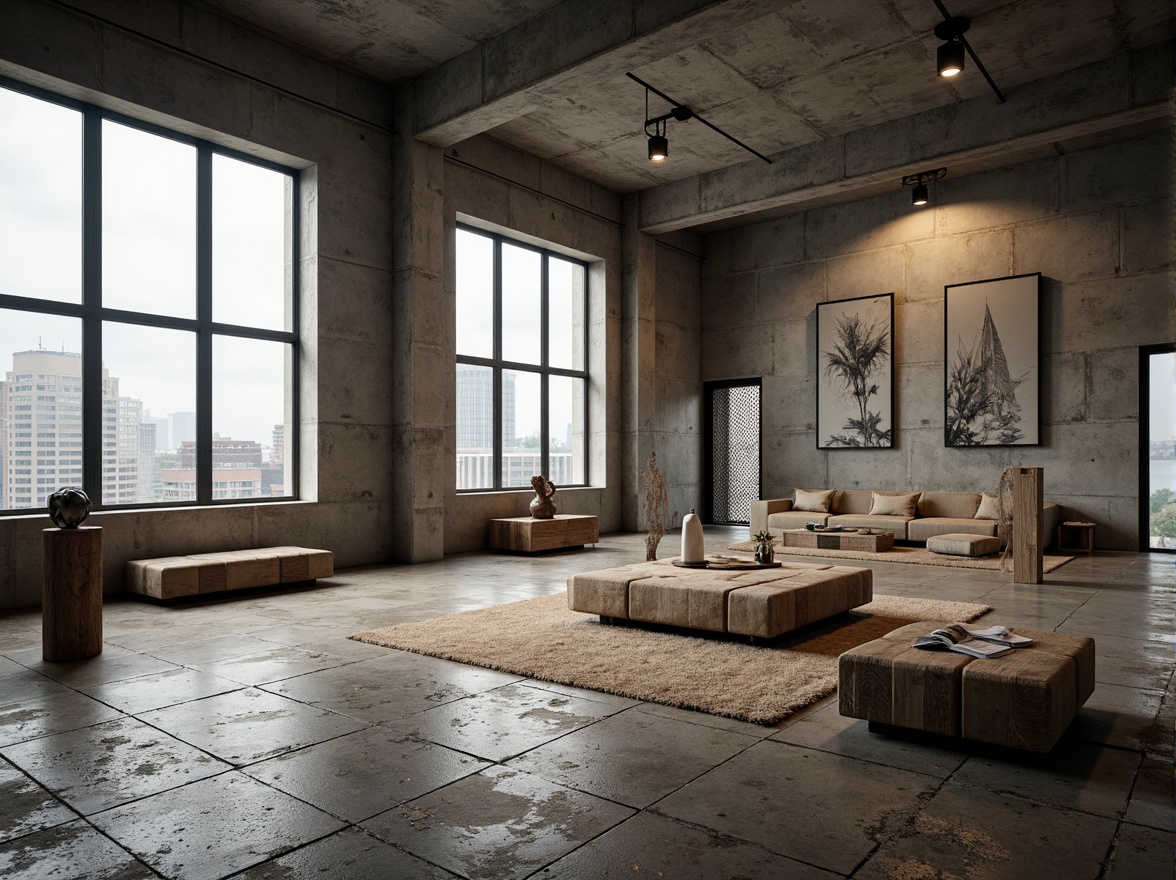 Prompt: Exposed concrete walls, rugged stone floors, industrial metal beams, raw wooden accents, minimalist decor, brutalist architectural style, urban loft atmosphere, high ceilings, large windows, natural light, cityscape views, functional simplicity, monochromatic color scheme, distressed textures, rough-hewn wood furniture, steel lighting fixtures, industrial-style pipes, concrete columns, brutalist-inspired sculptures, abstract artwork, moody ambient lighting, shallow depth of field, 2/3 composition, cinematic framing.