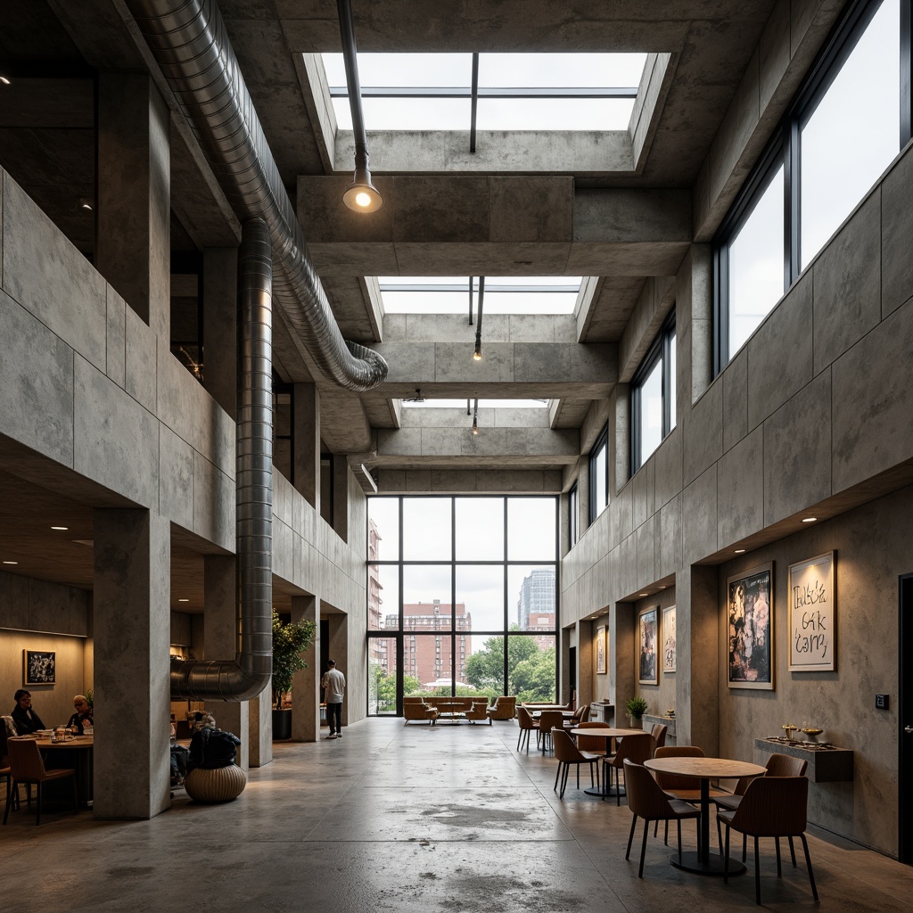 Prompt: Rugged community center, brutalist architecture, raw concrete walls, exposed ductwork, industrial metal beams, natural light pouring in, large skylights, clerestory windows, urban landscape views, gritty cityscape, overcast sky, soft diffused lighting, high contrast shadows, dramatic architectural angles, bold structural elements, minimalist interior design, functional simplicity, communal gathering spaces, reclaimed wood accents, earthy color palette, organic textures, 3/4 composition, cinematic framing, realistic render.