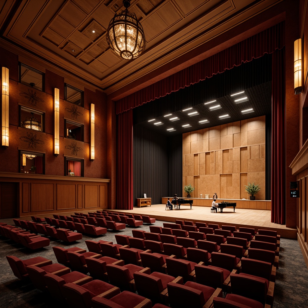 Prompt: Intimate concert hall, rich wood tones, velvet curtains, plush seating, ornate chandeliers, grand pianos, sound-absorbing panels, acoustic diffusers, resonant frequencies, precise speaker placement, optimized room dimensions, reflective surfaces, warm ambient lighting, shallow depth of field, 2/3 composition, realistic textures, subtle color palette.