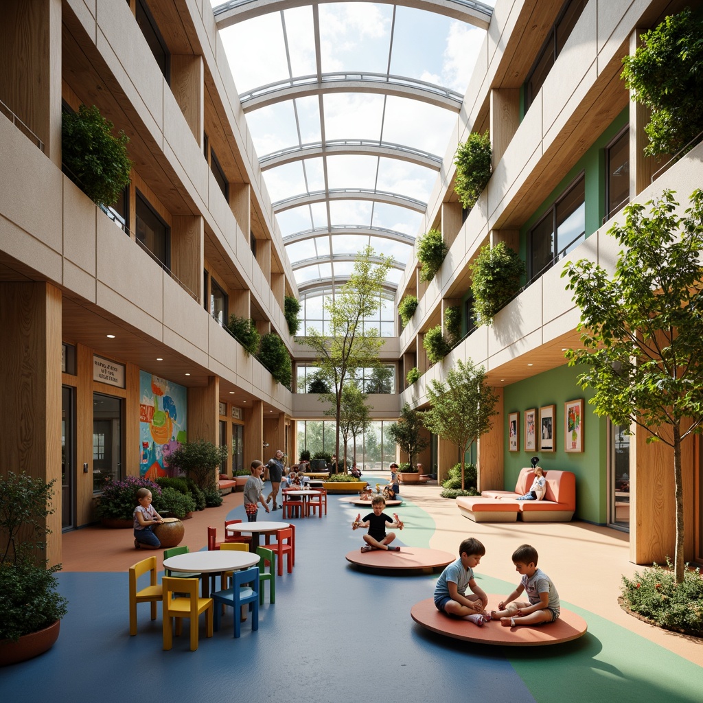 Prompt: Vibrant kindergarten playground, modernist architecture, large windows, clerestory windows, skylights, transparent roofs, natural stone walls, wooden accents, minimalist decor, open floor plan, collaborative learning spaces, circular tables, colorful chairs, educational murals, greenery installations, living walls, soft warm lighting, shallow depth of field, 1/1 composition, panoramic view, realistic textures, ambient occlusion.