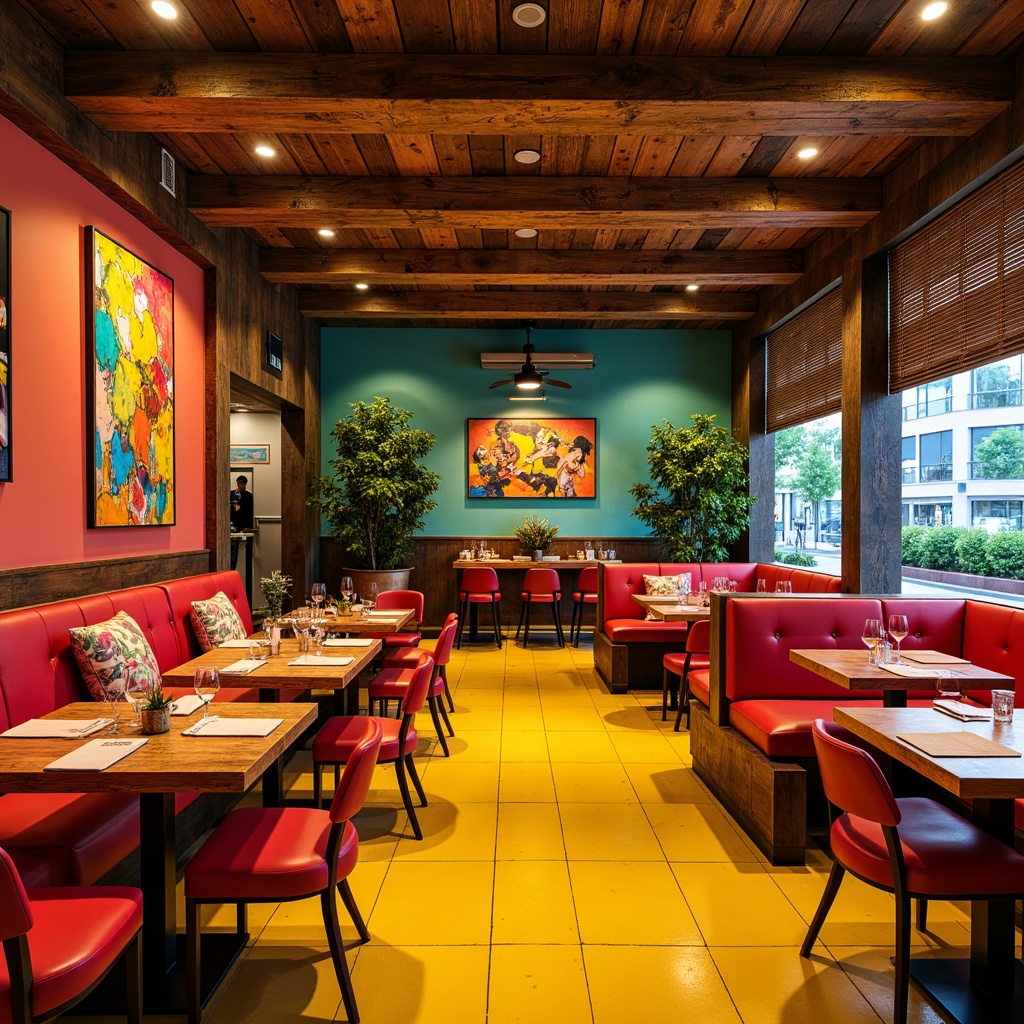 Prompt: Vibrant restaurant interior, expressionist art style, bold color palette, warm golden lighting, rich wood accents, eclectic furniture, abstract artwork, geometric patterns, bright coral walls, deep turquoise ceilings, sunny yellow floors, distressed metal decorations, reclaimed wood textures, industrial chic atmosphere, dramatic shadows, high contrast ratio, 1/2 composition, cinematic lighting, realistic reflections.