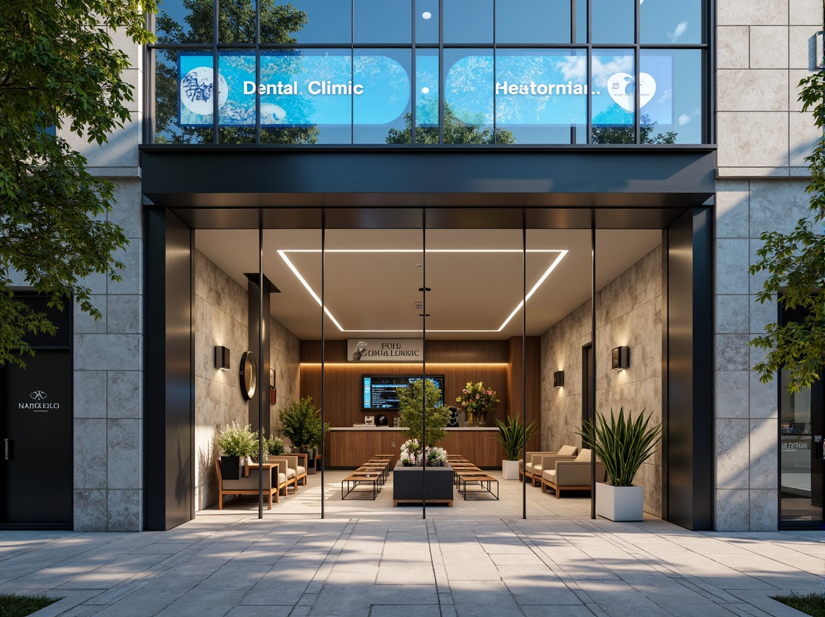 Prompt: Modern dental clinic, sleek glass facade, minimalist entrance, stainless steel frames, LED signage, calming blue accents, natural stone walls, wooden interior design, comfortable waiting area, ergonomic chairs, green plants, soft warm lighting, shallow depth of field, 3/4 composition, realistic textures, ambient occlusion, urban cityscape, morning sunlight, subtle shadows.