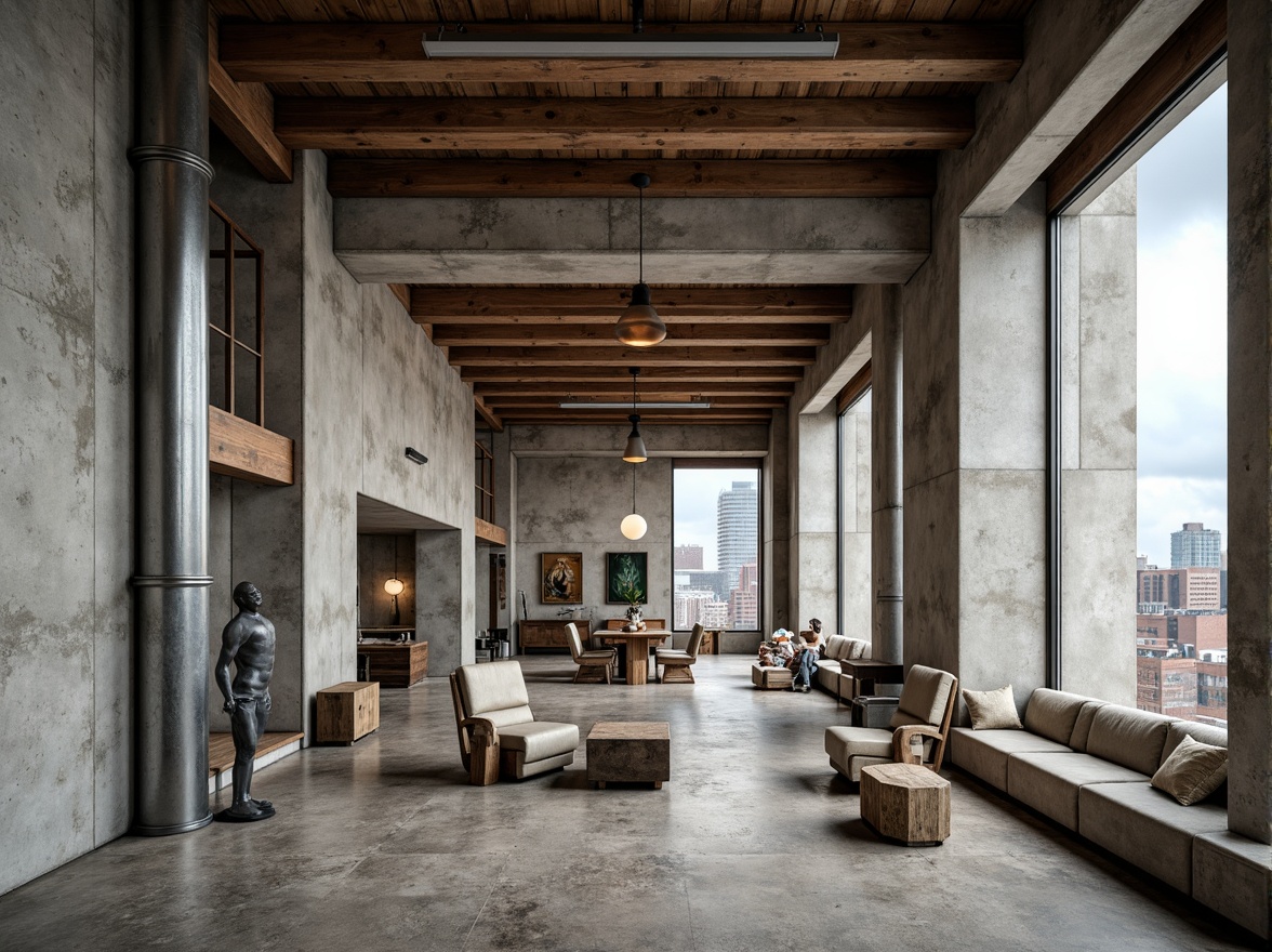 Prompt: Exposed concrete walls, rugged stone floors, industrial metal beams, raw wooden accents, minimalist decor, brutalist architectural style, urban loft atmosphere, high ceilings, large windows, natural light, cityscape views, functional simplicity, monochromatic color scheme, distressed textures, rough-hewn wood furniture, steel lighting fixtures, industrial-style pipes, concrete columns, brutalist-inspired sculptures, abstract artwork, moody ambient lighting, shallow depth of field, 2/3 composition, cinematic framing.