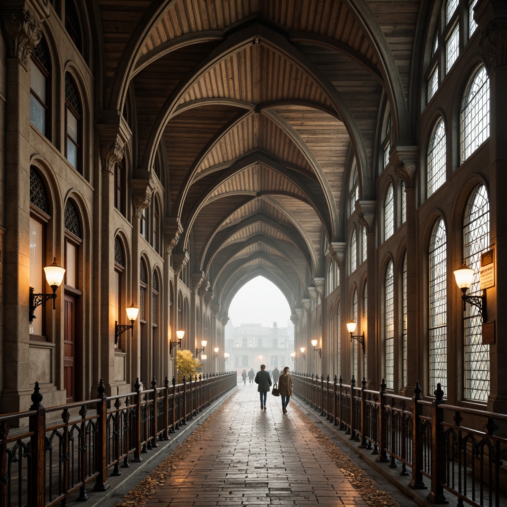 Prompt: Grand pedestrian bridge, Gothic archways, ornate stone carvings, ribbed vaults, pointed arches, flying buttresses, intricate tracery, stained glass windows, majestic piers, weathered bronze railings, mystical lanterns, misty atmosphere, soft warm lighting, shallow depth of field, 3/4 composition, panoramic view, realistic textures, ambient occlusion.