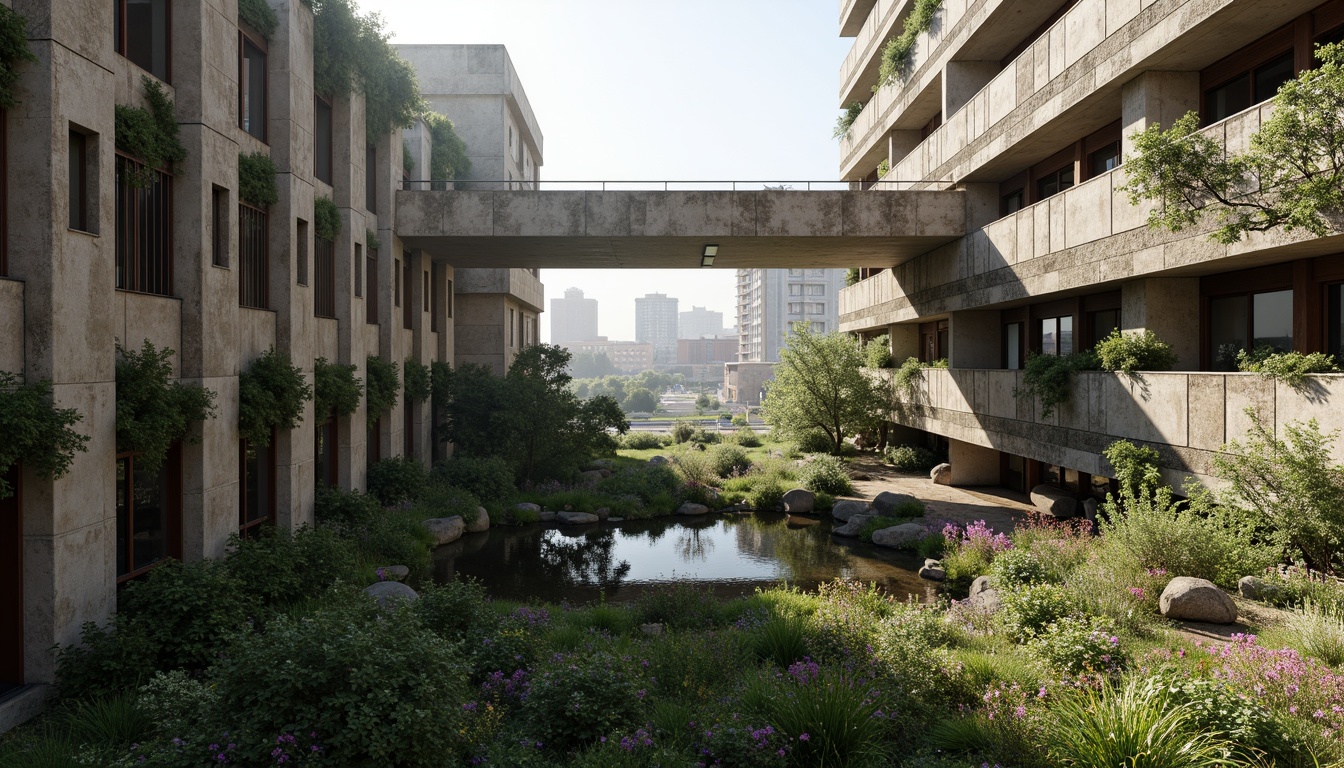 Prompt: Rugged brutalist buildings, raw concrete textures, fortress-like structures, overgrown vegetation, wildflowers, moss-covered walls, weathered steel beams, industrial materials, urban landscape integration, cityscape views, elevated walkways, cantilevered sections, dramatic shadows, harsh natural light, 1/1 composition, symmetrical framing, high-contrast colors, gritty realistic textures, ambient occlusion.