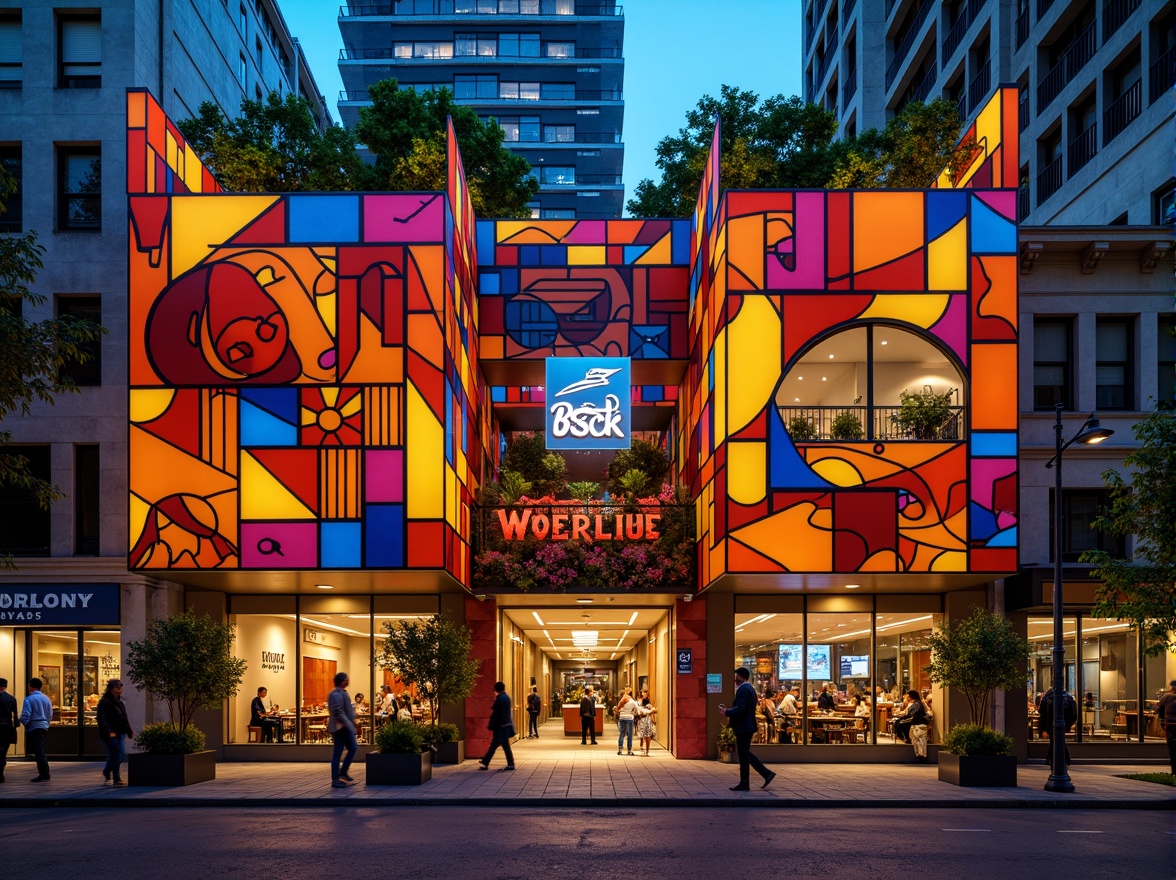 Prompt: Vibrant restaurant facade, expressionist architecture, bold geometric shapes, bright primary colors, abstract patterns, irregular forms, dynamic lighting effects, neon signs, metallic accents, industrial materials, exposed ductwork, urban cityscape, bustling streets, evening atmosphere, warm golden lighting, shallow depth of field, 1/1 composition, dramatic shadows, high-contrast textures.