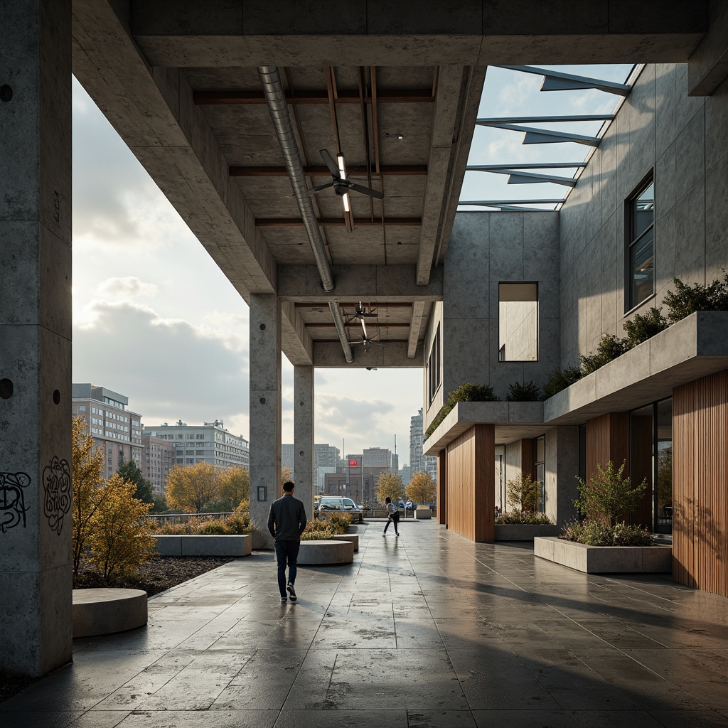 Prompt: Rugged community center, brutalist architecture, raw concrete walls, exposed ductwork, industrial metal beams, natural light pouring in, large skylights, clerestory windows, urban landscape views, gritty cityscape, overcast sky, soft diffused lighting, high contrast shadows, dramatic architectural forms, bold geometric shapes, functional minimalism, communal gathering spaces, reclaimed wood accents, weathered steel features, abstract graffiti art, moody atmospheric tones, cinematic composition, realistic textures, ambient occlusion.