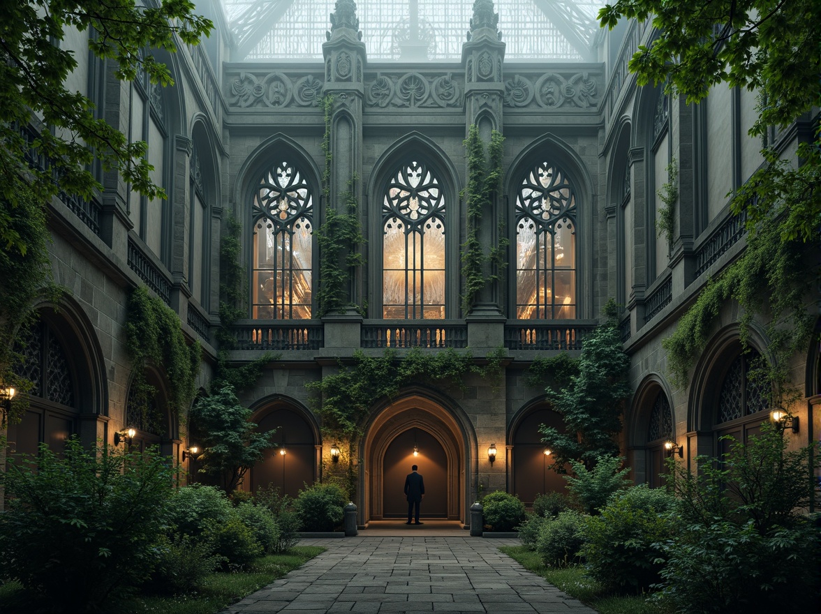 Prompt: Mysterious Gothic cathedral, intricate stone carvings, stained glass windows, grandiose entrance, lush greenery, overgrown vines, moss-covered walls, ancient trees, misty atmosphere, soft warm lighting, dramatic shadows, 3/4 composition, symmetrical framing, ornate details, mystical ambiance, eerie silence, foggy morning, subtle color palette, weathered stone textures, ambient occlusion.