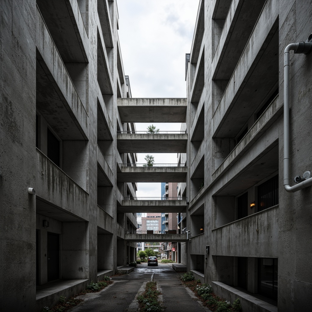 Prompt: Exposed concrete walls, rugged textures, industrial pipes, raw steel beams, minimalist balconies, brutalist architecture, urban cityscape, gloomy overcast sky, dramatic shadows, high-contrast lighting, bold geometric forms, functional simplicity, distressed finishes, poured-in-place concrete, cold monochromatic color palette, 1/1 composition, low-angle shot, cinematic atmosphere, gritty realistic textures.