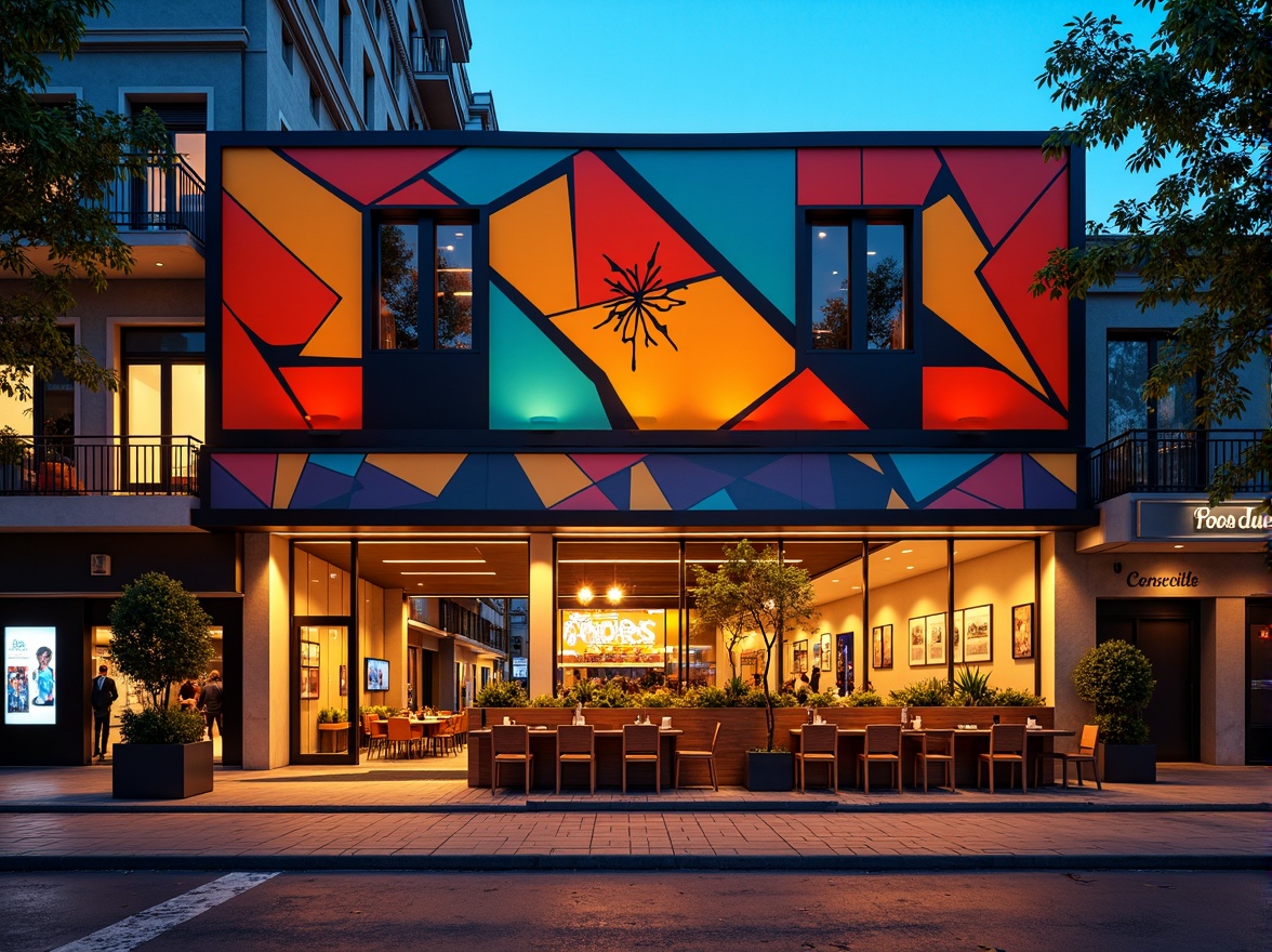 Prompt: Vibrant restaurant facade, expressionist architecture, bold geometric shapes, bright primary colors, abstract patterns, irregular forms, dynamic lighting effects, neon signs, metallic accents, industrial materials, exposed ductwork, urban cityscape, bustling streets, evening atmosphere, warm golden lighting, shallow depth of field, 1/1 composition, dramatic shadows, high-contrast textures.