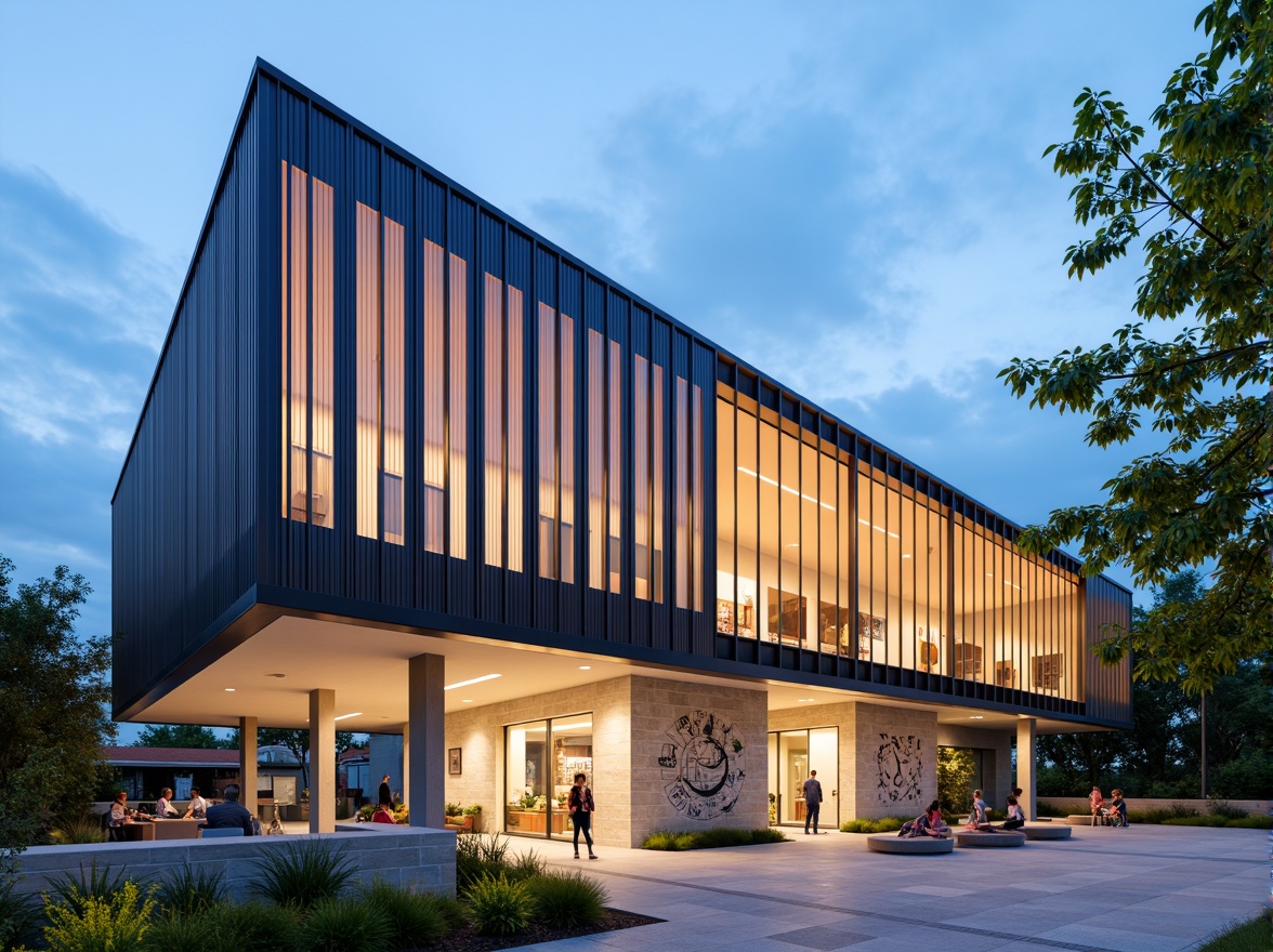 Prompt: Contemporary high school building, sleek glass facade, metallic accents, angular lines, minimalist design, vibrant color scheme, natural stone walls, modern LED signage, open-air courtyard, lush greenery, educational murals, abstract sculptures, shallow depth of field, 1/1 composition, soft warm lighting, realistic textures, ambient occlusion.