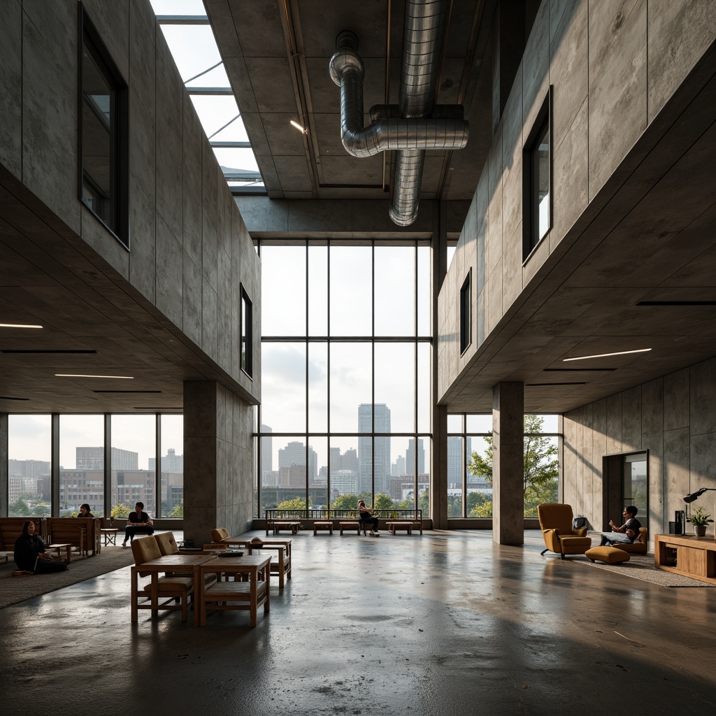 Prompt: Rugged community center, brutalist architecture, raw concrete walls, exposed ductwork, industrial metal beams, natural light pouring in, large skylights, clerestory windows, urban landscape views, gritty cityscape, overcast sky, soft diffused lighting, high contrast shadows, dramatic architectural angles, bold structural elements, minimalist interior design, functional simplicity, communal gathering spaces, reclaimed wood accents, earthy color palette, organic textures, 3/4 composition, cinematic framing, realistic render.