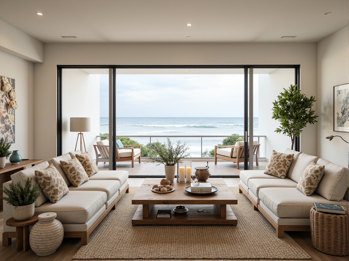 Prompt: Coastal living room, ocean-inspired color palette, driftwood accents, natural textiles, woven sea grass rugs, shell-adorned decorative pieces, floor-to-ceiling windows, sliding glass doors, beachy vibe, soft warm lighting, 1/1 composition, shallow depth of field, realistic wood textures, ambient occlusion, modern minimalist furniture, plush sectional sofas, reclaimed wood coffee tables, nautical-themed artwork, coral-patterned throw pillows, sea salt-scented candles, calming atmosphere.