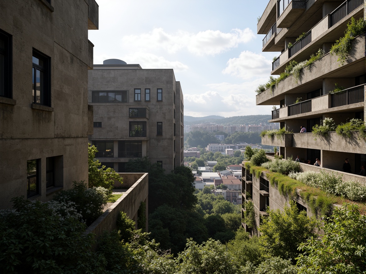 Prompt: Rugged brutalist buildings, raw concrete textures, fortress-like structures, overgrown vegetation, wildflowers, moss-covered walls, weathered steel beams, industrial materials, urban landscape integration, cityscape views, elevated walkways, cantilevered sections, dramatic shadows, harsh natural light, 1/1 composition, symmetrical framing, high-contrast lighting, gritty realistic textures, ambient occlusion.