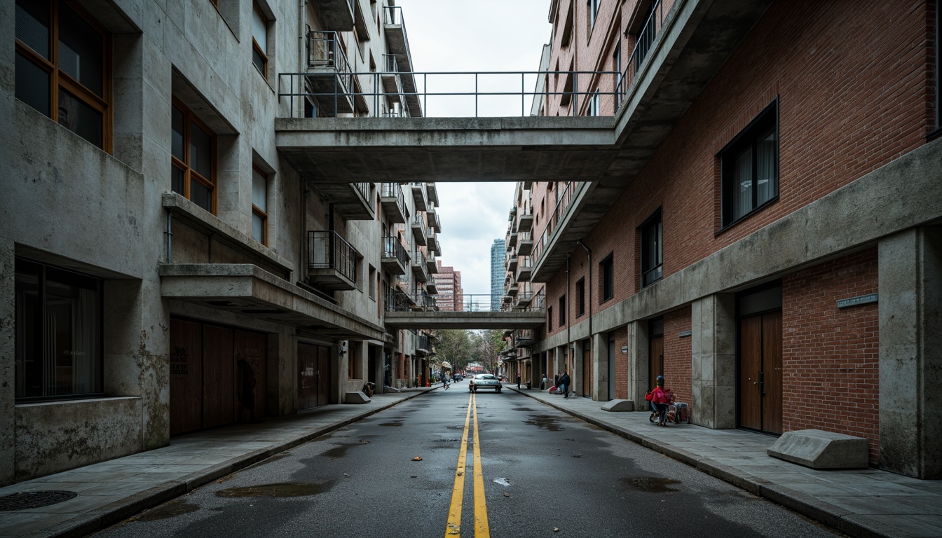 Prompt: Rough concrete walls, exposed ductwork, industrial metal beams, raw brick facades, weathered stone surfaces, distressed wood accents, brutalist monumentality, fortress-like structures, urban cityscape, overcast skies, dramatic shadows, high-contrast lighting, cinematic composition, gritty realistic textures, ambient occlusion.