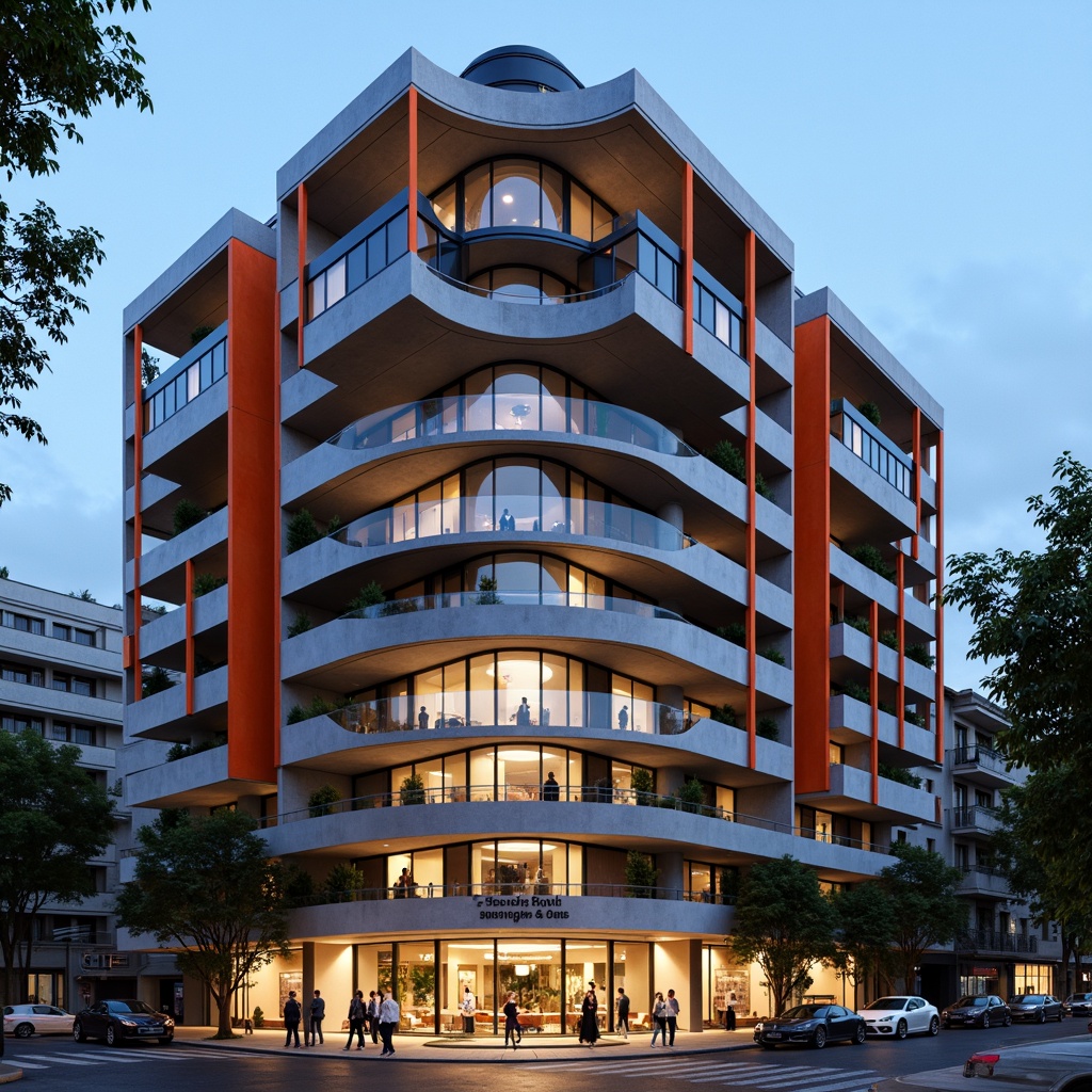 Prompt: Geometric hotel facade, asymmetrical composition, rectangular forms, industrial materials, raw concrete walls, steel beams, minimalist decor, functional simplicity, bold color accents, abstract patterns, grid-like structures, cantilevered balconies, floor-to-ceiling windows, transparent glass railings, urban cityscape, busy streets, modern metropolitan atmosphere, warm evening lighting, shallow depth of field, 2/3 composition, realistic textures, ambient occlusion.