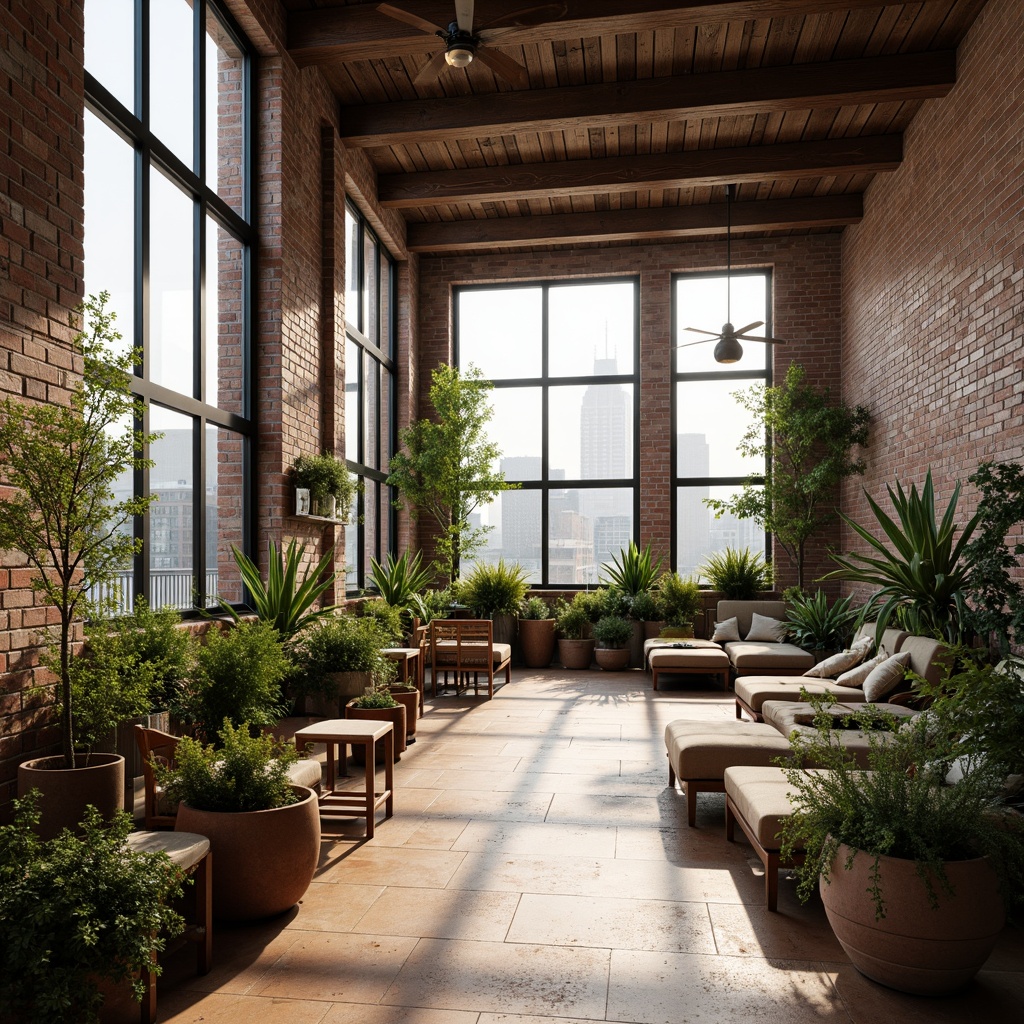 Prompt: Exposed brick walls, reclaimed wood accents, industrial metal beams, vintage decorative items, lush greenery, potted plants, natural textiles, earthy color palette, soft warm lighting, cozy atmosphere, eco-friendly materials, solar panels, rainwater harvesting systems, living roofs, green walls, minimalist decor, open-plan layout, high ceilings, large windows, cityscape views, urban landscape, morning sunlight, shallow depth of field, 3/4 composition, realistic textures, ambient occlusion.