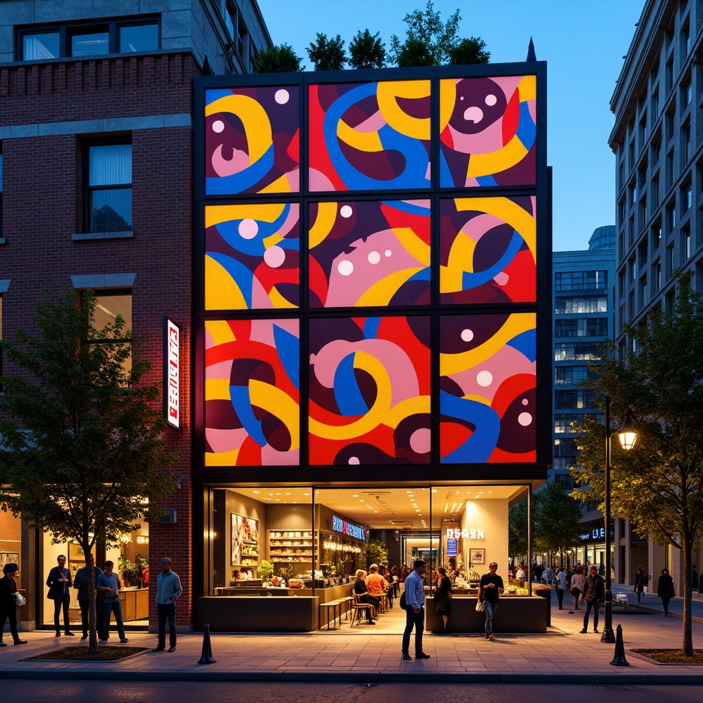 Prompt: Vibrant restaurant facade, expressionist architecture, bold geometric shapes, bright primary colors, abstract patterns, irregular forms, dynamic lighting effects, neon signs, metallic accents, industrial materials, exposed ductwork, urban cityscape, bustling streets, evening atmosphere, warm golden lighting, shallow depth of field, 1/1 composition, dramatic shadows, high-contrast textures.