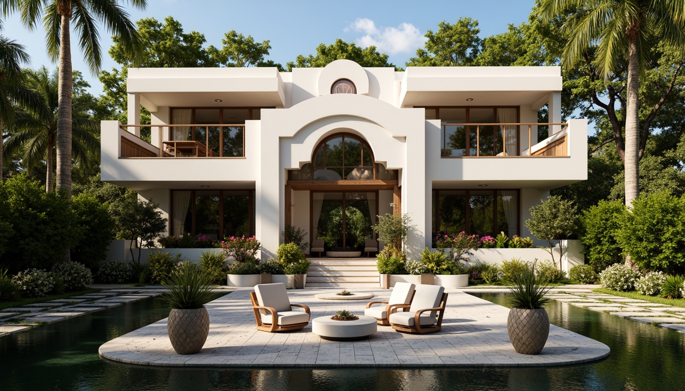 Prompt: Luxurious villa, Art Deco style, ornate facades, curved lines, geometric patterns, lavish gardens, lush greenery, vibrant flowers, tranquil ponds, walking paths, decorative fountains, elegant outdoor furniture, plush cushions, metallic accents, warm lighting, soft shadows, 1/1 composition, symmetrical framing, cinematic atmosphere, realistic textures, ambient occlusion.