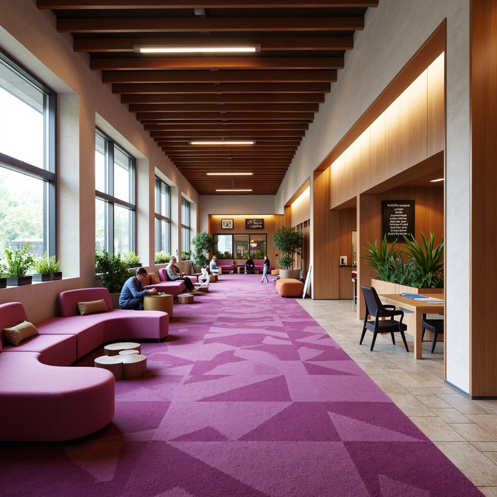 Prompt: Mauve-hued educational institution, vibrant corridors, rich wood accents, plush mauve carpets, softbox lighting, comfortable seating areas, inspirational quotes, modern minimalist furniture, sleek metal frames, geometric patterns, warm beige walls, natural stone floors, abundant greenery, lush plants, creative art displays, collaborative workspaces, flexible learning environments, panoramic views, shallow depth of field, 3/4 composition, realistic textures, ambient occlusion.