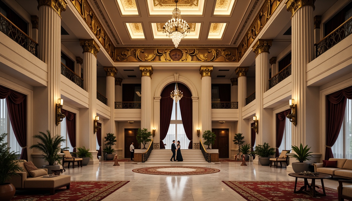 Prompt: Grandiose neoclassical facade, ornate columns, intricately carved capitals, lavish moldings, gilded accents, symmetrical composition, imposing entranceways, sweeping staircases, crystal chandeliers, marble floors, richly patterned rugs, opulent furnishings, velvet drapes, golden lighting fixtures, subtle warm glow, shallow depth of field, 1/1 composition, realistic textures, ambient occlusion.