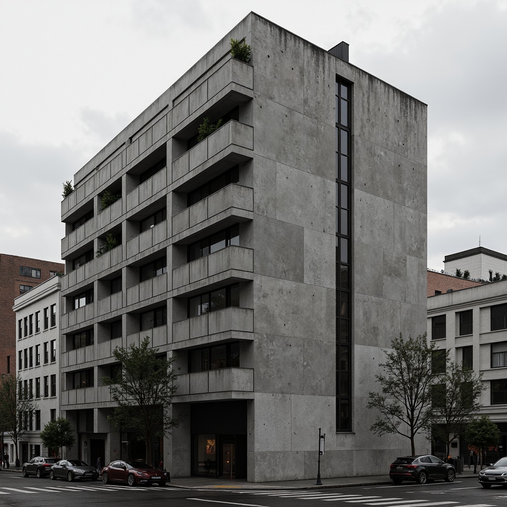 Prompt: Monochromatic brutalist building, rugged concrete textures, bold color contrasts, stark shadows, industrial materials, exposed ductwork, raw steel beams, minimalist decor, urban cityscape, overcast sky, dramatic lighting, high contrast ratio, 1/1 composition, symmetrical framing, abstract geometric patterns, distressed finishes, weathered surfaces, brutalist architectural style, functional simplicity.