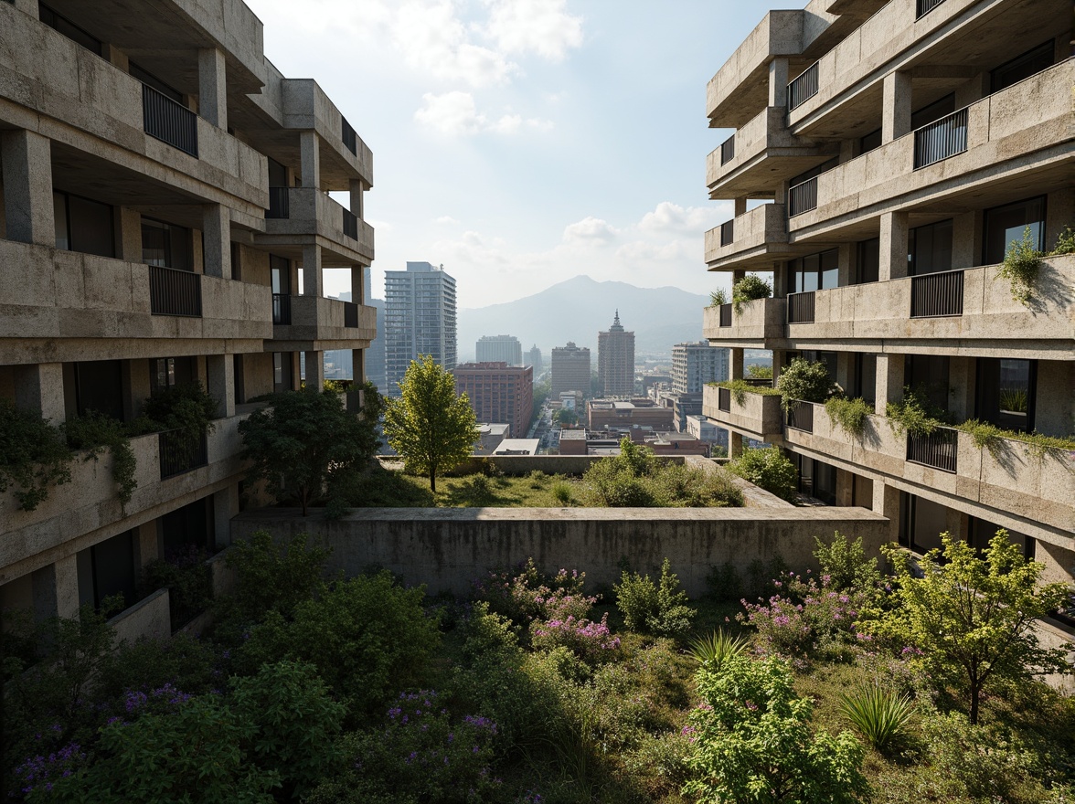 Prompt: Rugged brutalist buildings, raw concrete textures, fortress-like structures, overgrown vegetation, wildflowers, moss-covered walls, weathered steel beams, industrial materials, urban landscape integration, cityscape views, elevated walkways, cantilevered sections, dramatic shadows, harsh natural light, 1/1 composition, symmetrical framing, high-contrast lighting, gritty realistic textures, ambient occlusion.