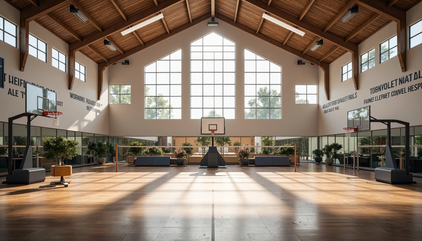 Prompt: Spacious gymnasium interior, high ceilings, natural light pouring in, polished wooden floors, athletic equipment, basketball hoops, volleyball nets, exercise machines, free weights, mirrored walls, motivational quotes, modern architecture, minimalist design, sleek lines, abundant ventilation, soft warm lighting, shallow depth of field, 3/4 composition, panoramic view, realistic textures, ambient occlusion.